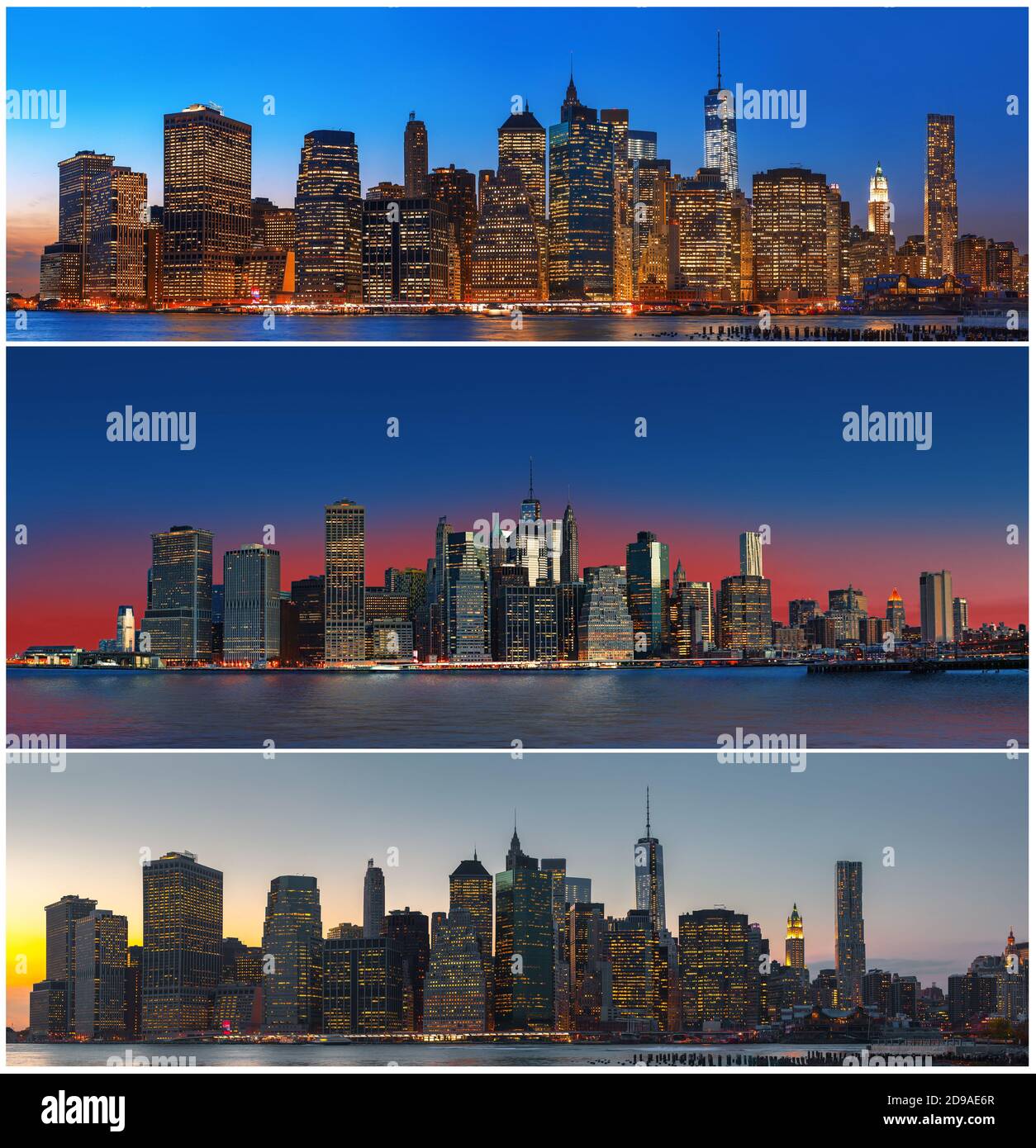 Manhattan. Panorama serale dello skyline di New York City. Set di 3 immagini Foto Stock