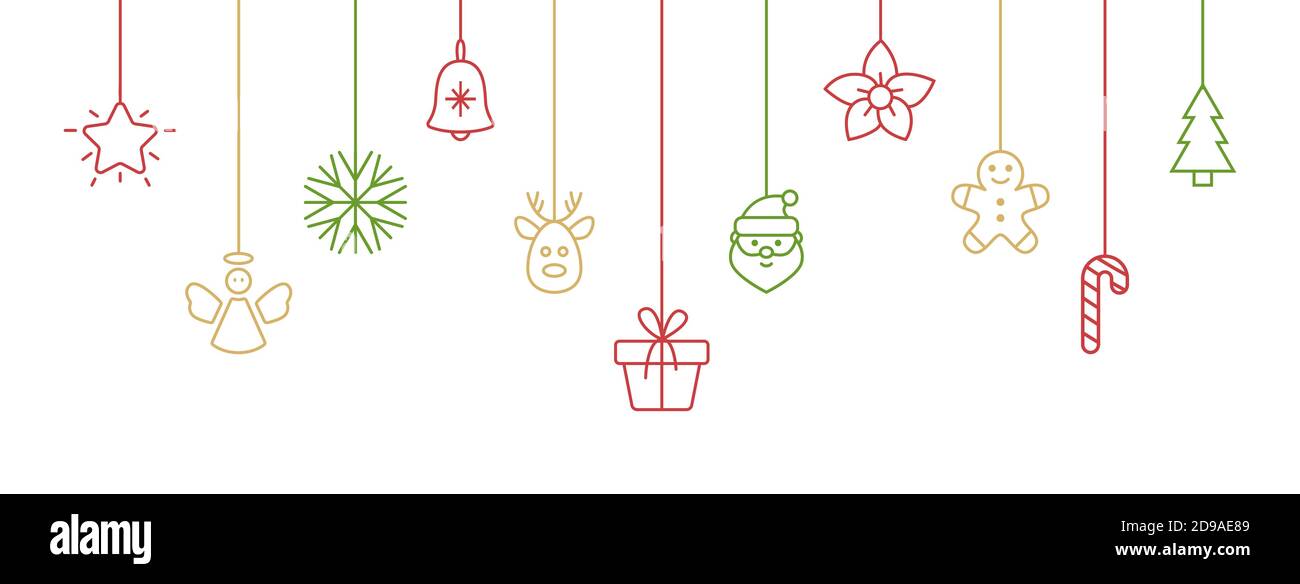 Colori baubles appesi con fiocco di neve, canna caramella, santa, albero di natale, renna, angelo, scatola regalo. Banner lungo di Natale. Carta anno nuovo. Party design Illustrazione Vettoriale