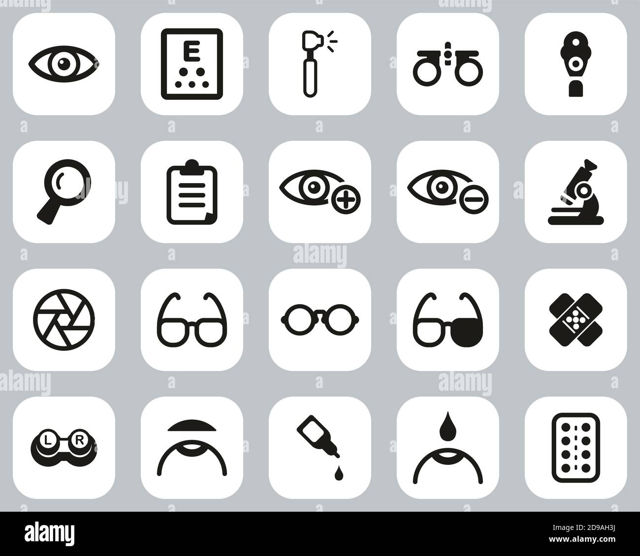 Esame di Optometria e icone delle apparecchiature di Optometria piatto bianco e nero Set di design grande Illustrazione Vettoriale