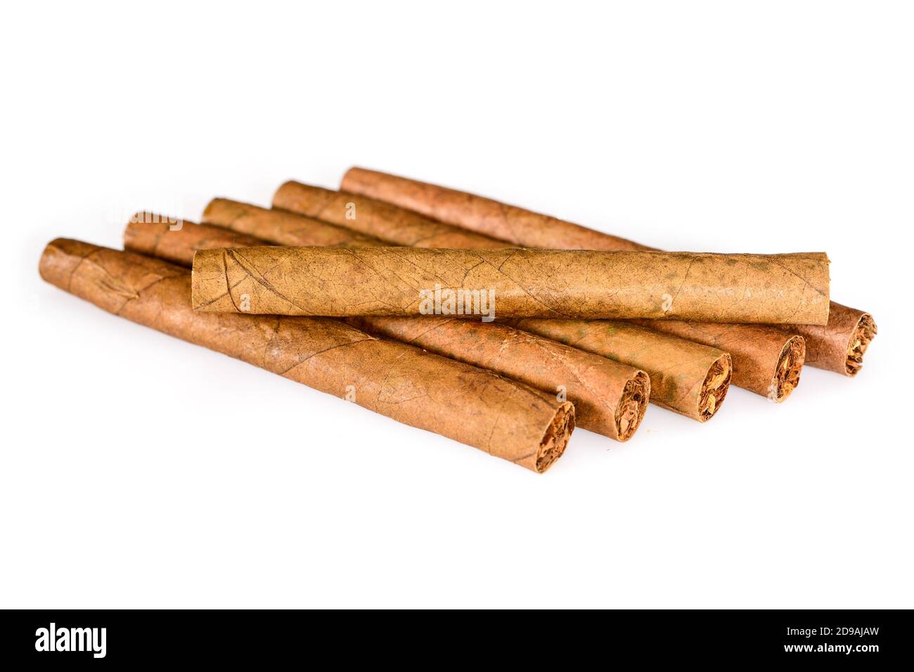 Sei sigaretti di tabacco isolati su sfondo bianco senza ombra. Primo piano, alta risoluzione. Foto Stock