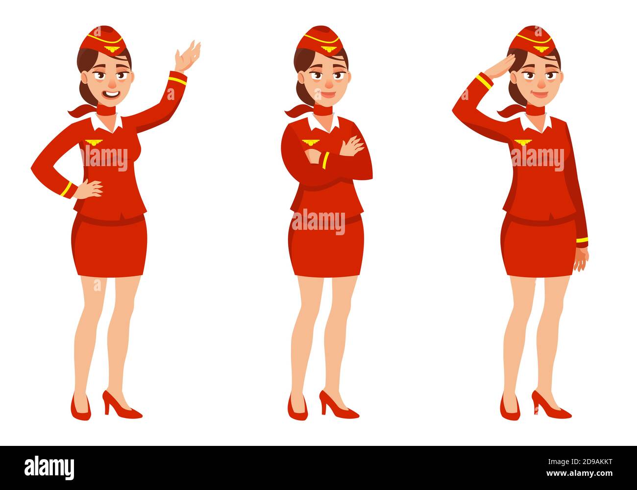 Stewardess in posizioni diverse. Carattere femminile in stile cartoon. Illustrazione Vettoriale