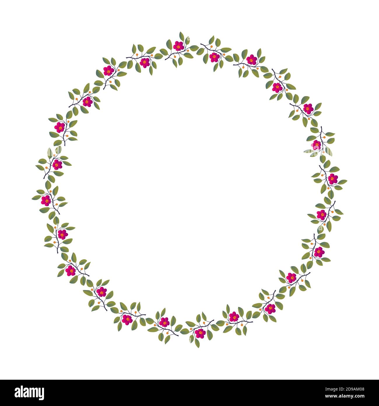 Corona floreale, rami con foglie e fiori magenta brillante su bianco. Illustrazione vettoriale, disegno per poster, banner, invito, libro, moda tessuto, imballaggio. Illustrazione Vettoriale