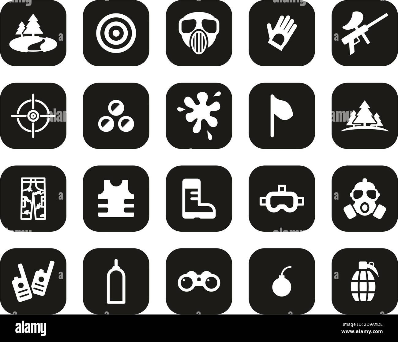 Paintball gioco & paintball attrezzatura icone bianco su Black Flat Set di design grande Illustrazione Vettoriale