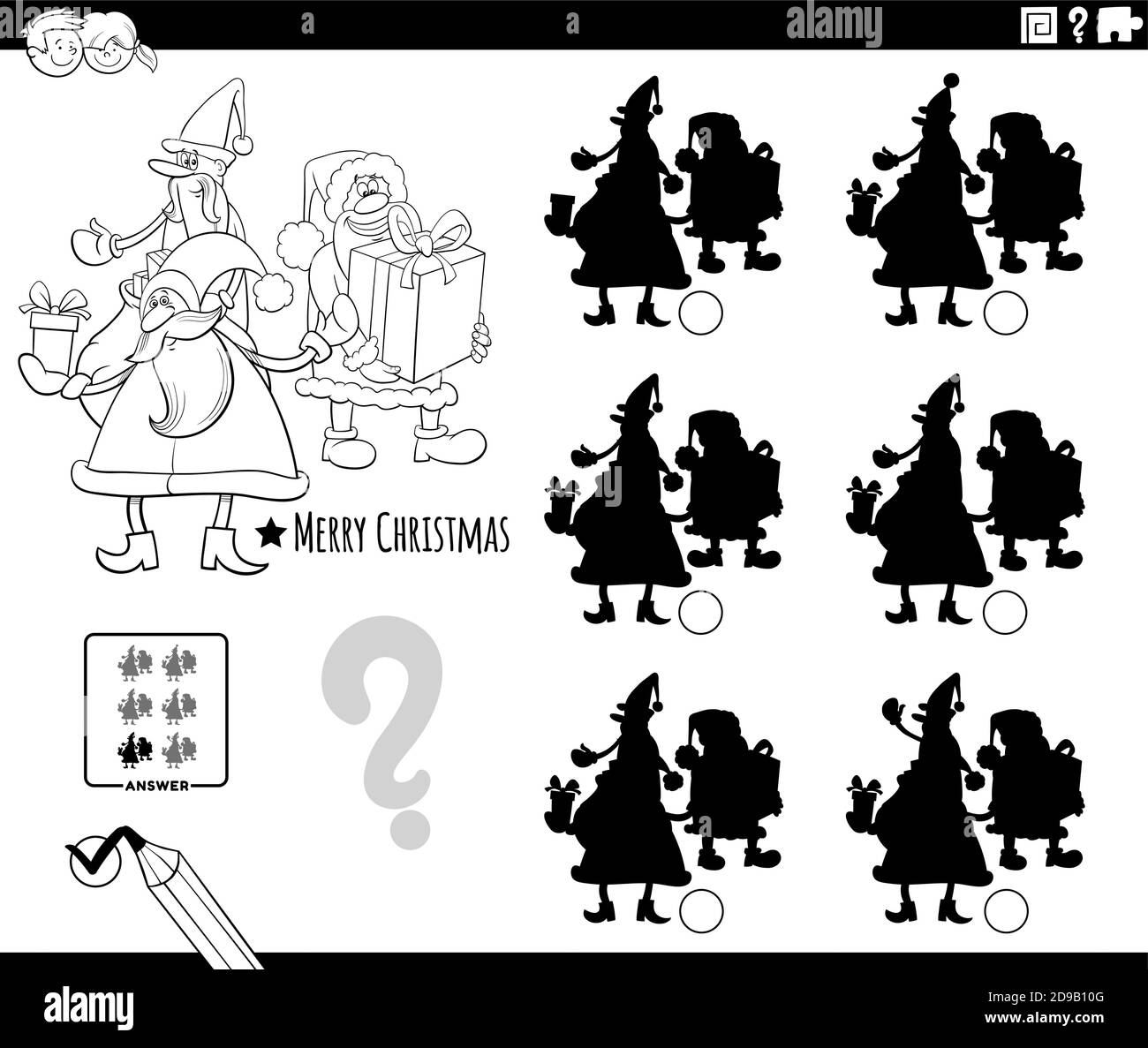 Nero e bianco Cartoon illustrazione di trovare l'ombra senza Differenze gioco educativo con Babbo Natale caratteri colorare pagina libro Illustrazione Vettoriale