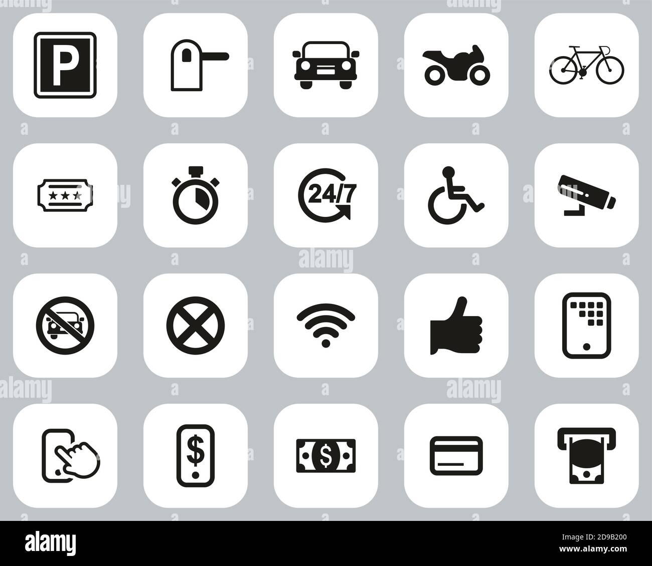Icone del parcheggio o del parcheggio Design piano bianco e nero Imposta grande Illustrazione Vettoriale