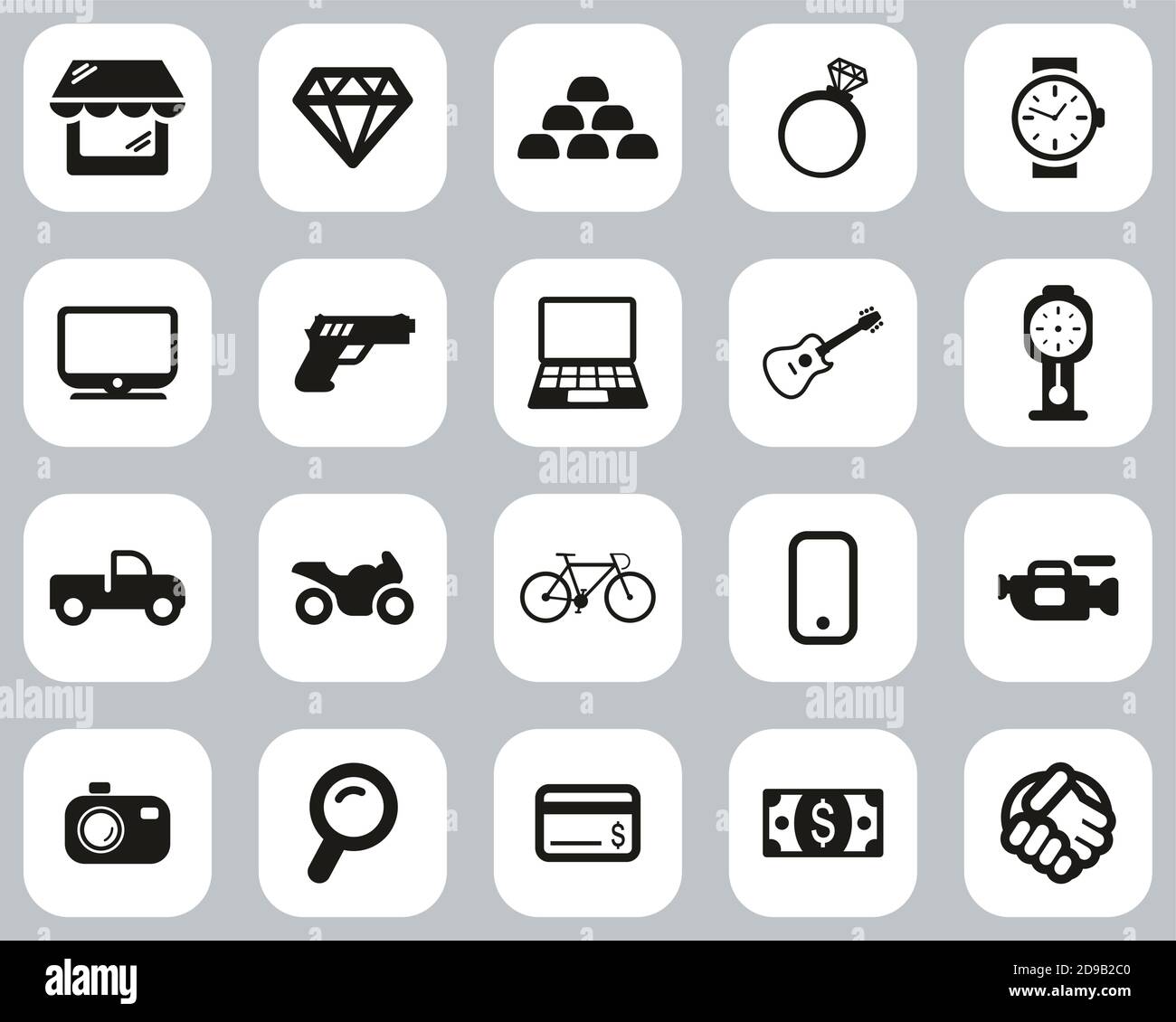 Pawn Shop o Thrift Store icone Black & White Flat Set di design grande Illustrazione Vettoriale