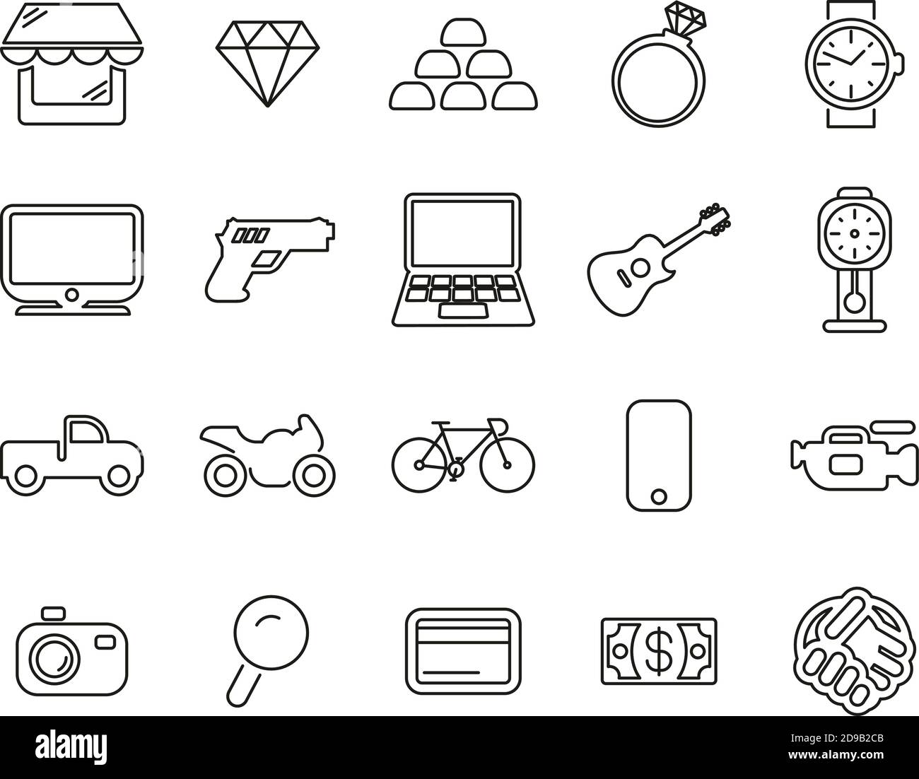 Pawn Shop o Thrift Store icone nero e bianco sottile Set di linee grande Illustrazione Vettoriale