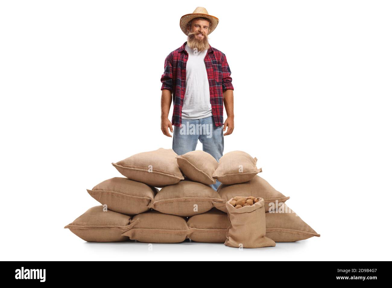 Allegro contadino portatore in piedi dietro un mucchio di sacchi di scappatolo con patate isolate su sfondo bianco Foto Stock