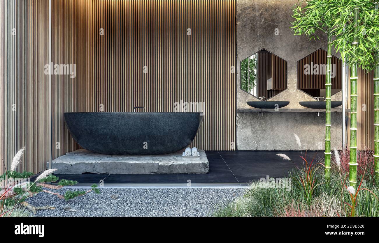 Interni dal design moderno con bagno e vasca in marmo nero Pannelli di legno per pareti 3D rendering Foto Stock
