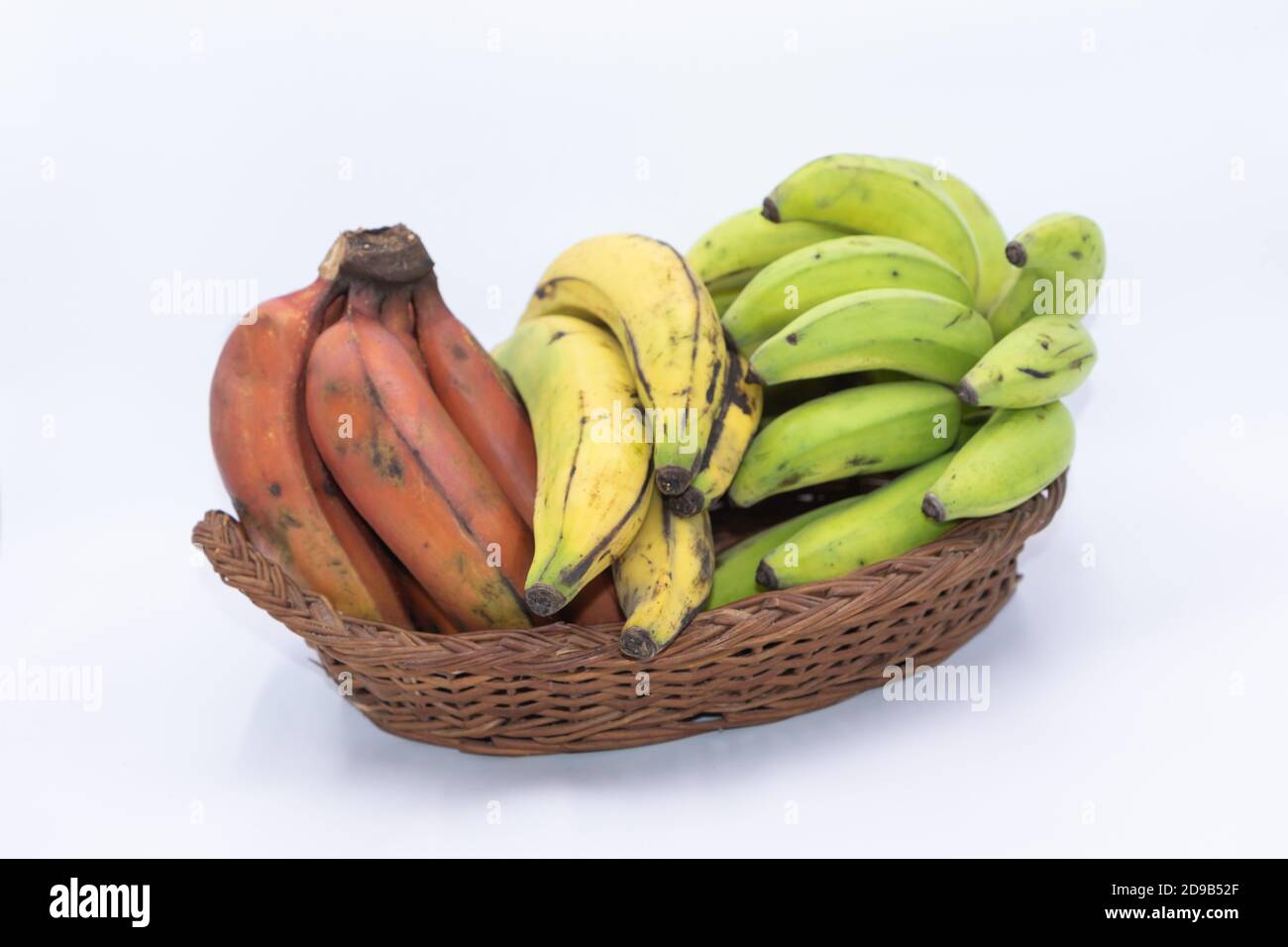 Una varietà di banane fresche conservate su un cesto di colore bianco sfondo Foto Stock