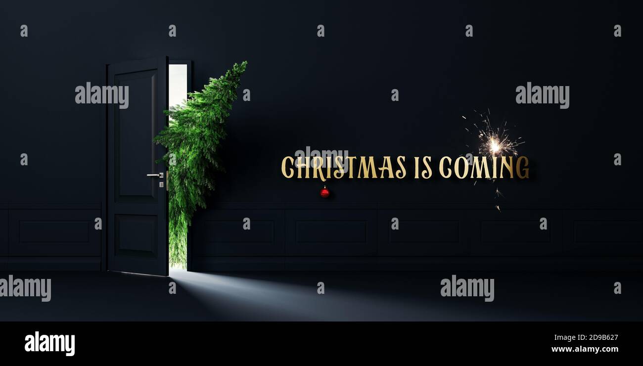 L'abete verde entra nella porta, Natale sta arrivando concept background 3D rendering Foto Stock