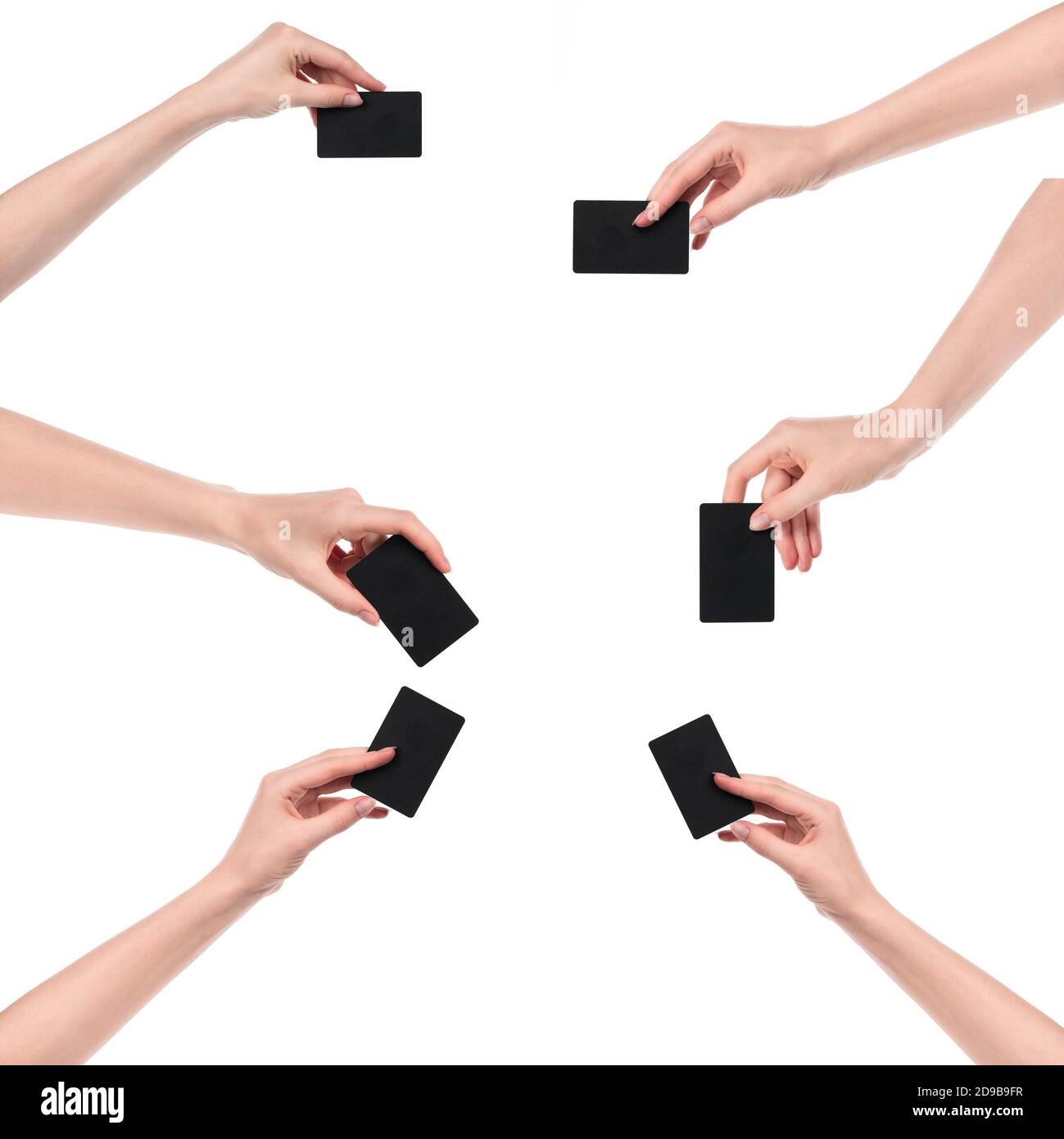 Collage mani caucasiche femminili con biglietto da visita vuoto isolato su sfondo bianco. Vuoto per i progettisti Foto Stock
