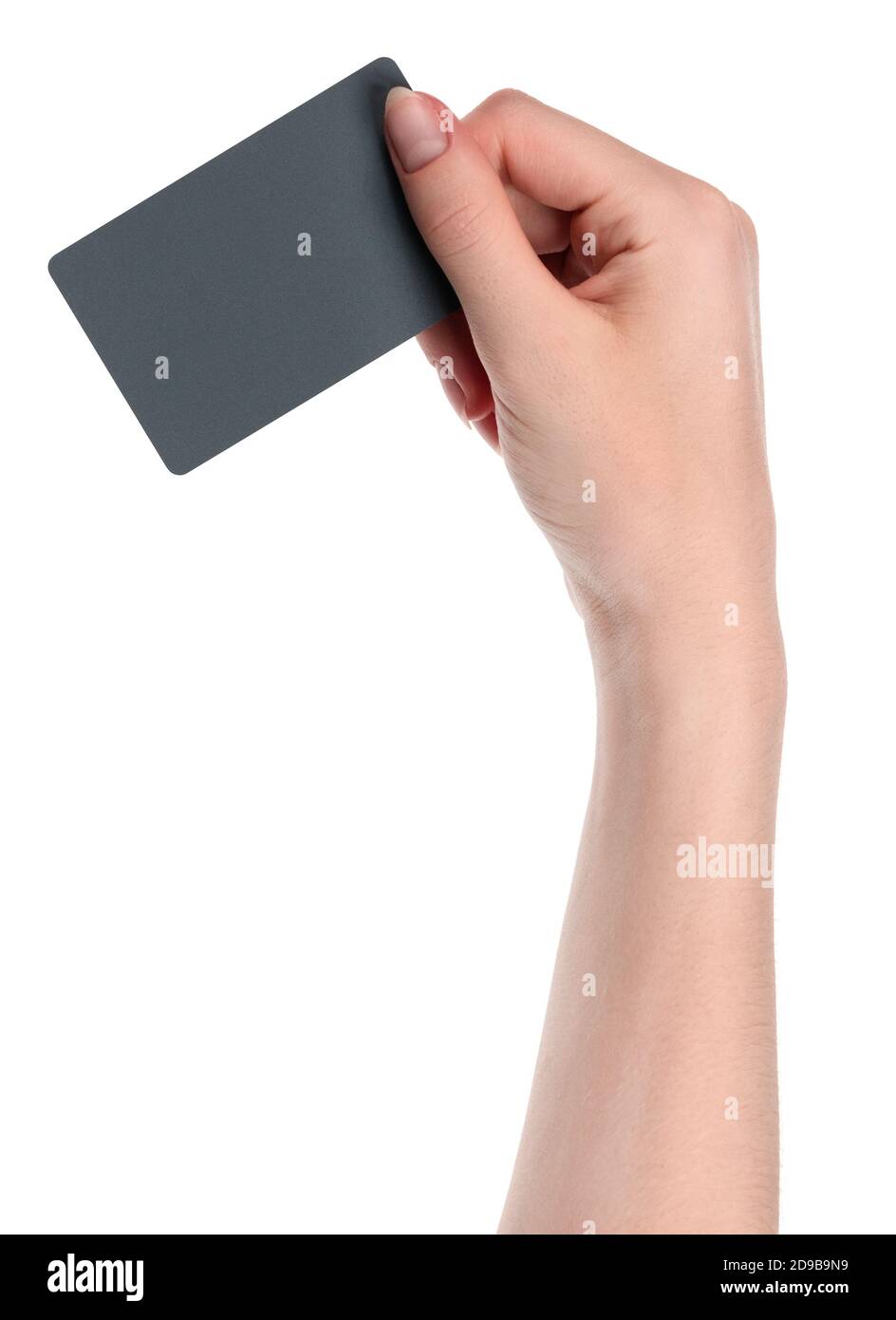 Mani caucasiche femminili con biglietto da visita vuoto isolato su sfondo bianco. Vuoto per i progettisti Foto Stock