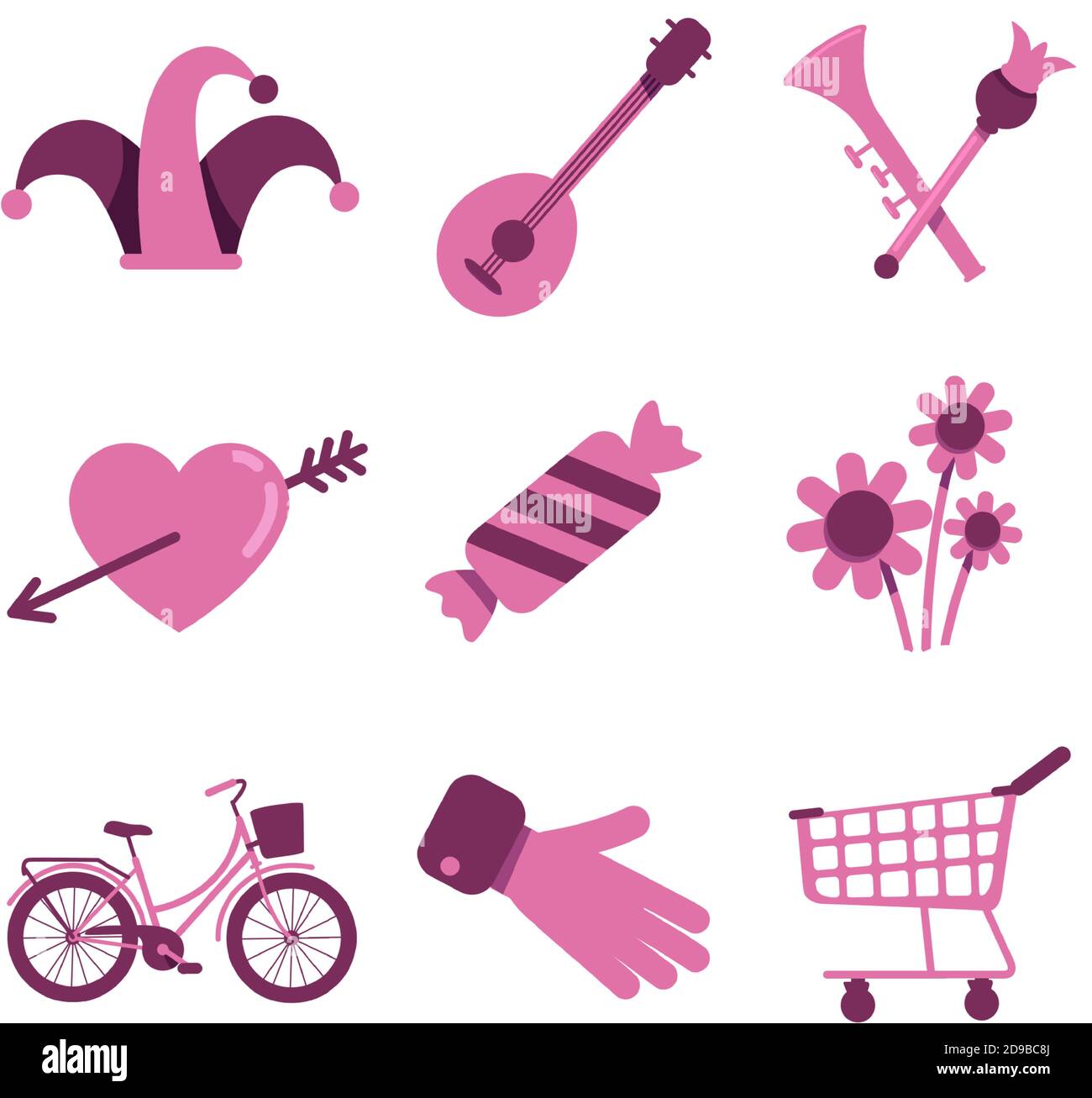 Set di oggetti vettoriali a colori piatti per il giorno di San Valentino e gli acquisti Illustrazione Vettoriale