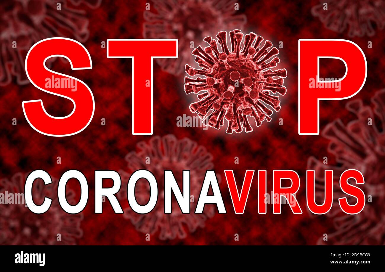 Virus coronavirus covid-19 con termine su sfondo scuro. rendering 3d Foto Stock