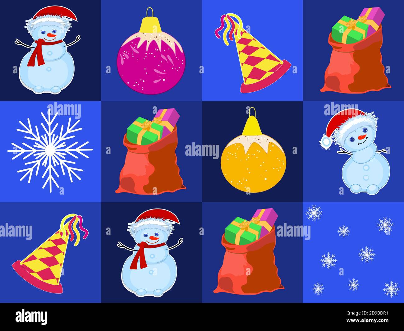 Ripetizione senza giunture. Stile natalizio. Pupazzo di neve. Borsa rossa con regali. Fiocchi di neve . Il cappello è festoso. Un giocattolo, una palla per un albero di Natale. Vettore Illustrazione Vettoriale