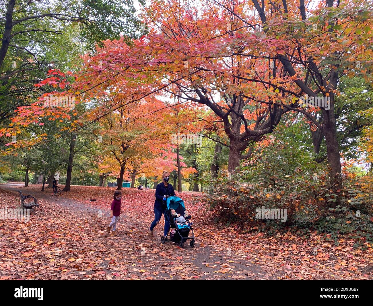 Madre con bambini cammina attraverso i colori autunnali nel Prospect Park durante il Covid-19 a Brooklyn, New York. Foto Stock