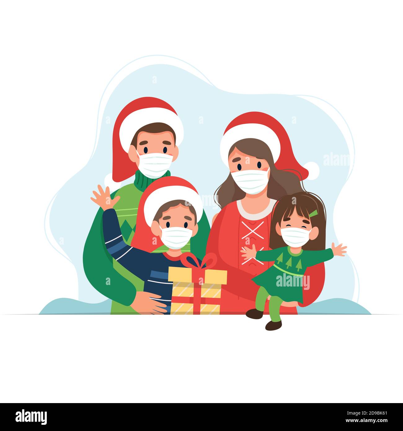 Felice famiglia a natale indossare maschere mediche. Simpatica illustrazione vettoriale in stile piatto Illustrazione Vettoriale