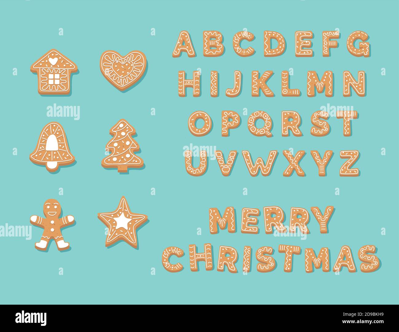 Gingerbread cookie raccolta, carino alfabeto natale e cookie. Illustrazione Vettoriale in stile piatto Illustrazione Vettoriale