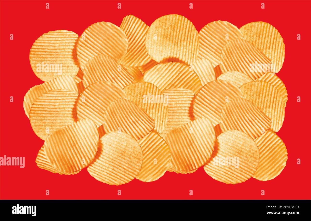 Namkeen - cialde di patate, patatine d'oro corrugate con consistenza, patatine fritte con patate, patatine fritte tritate gustose, immagine di sfondo. Foto Stock