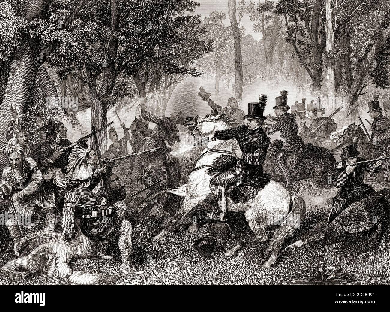 La morte di Tecumseh durante la Battaglia del Tamigi, 5 ottobre 1813. Tecumseh, 1768 – 1813. Leader americano nativo degli Shawnee e una grande confederazione tribale conosciuta come Confederacy di Tecumseh. Dopo un lavoro del 19 ° secolo da Alonso Chappel. Foto Stock