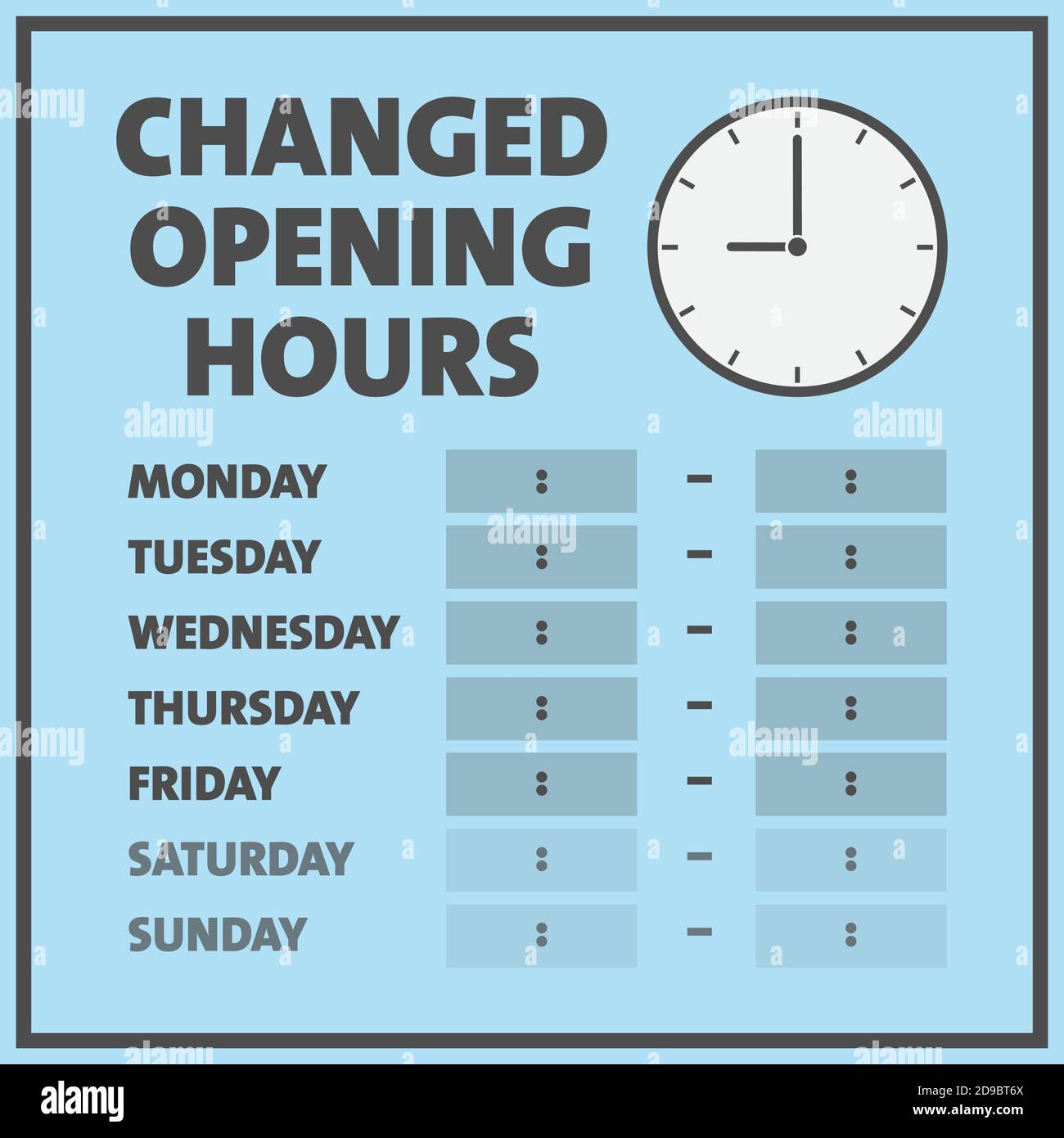modifica degli orari di apertura o nuovo orario d'ufficio segno con copia spazio per le ore sull'illustrazione vettoriale di ogni giorno Illustrazione Vettoriale