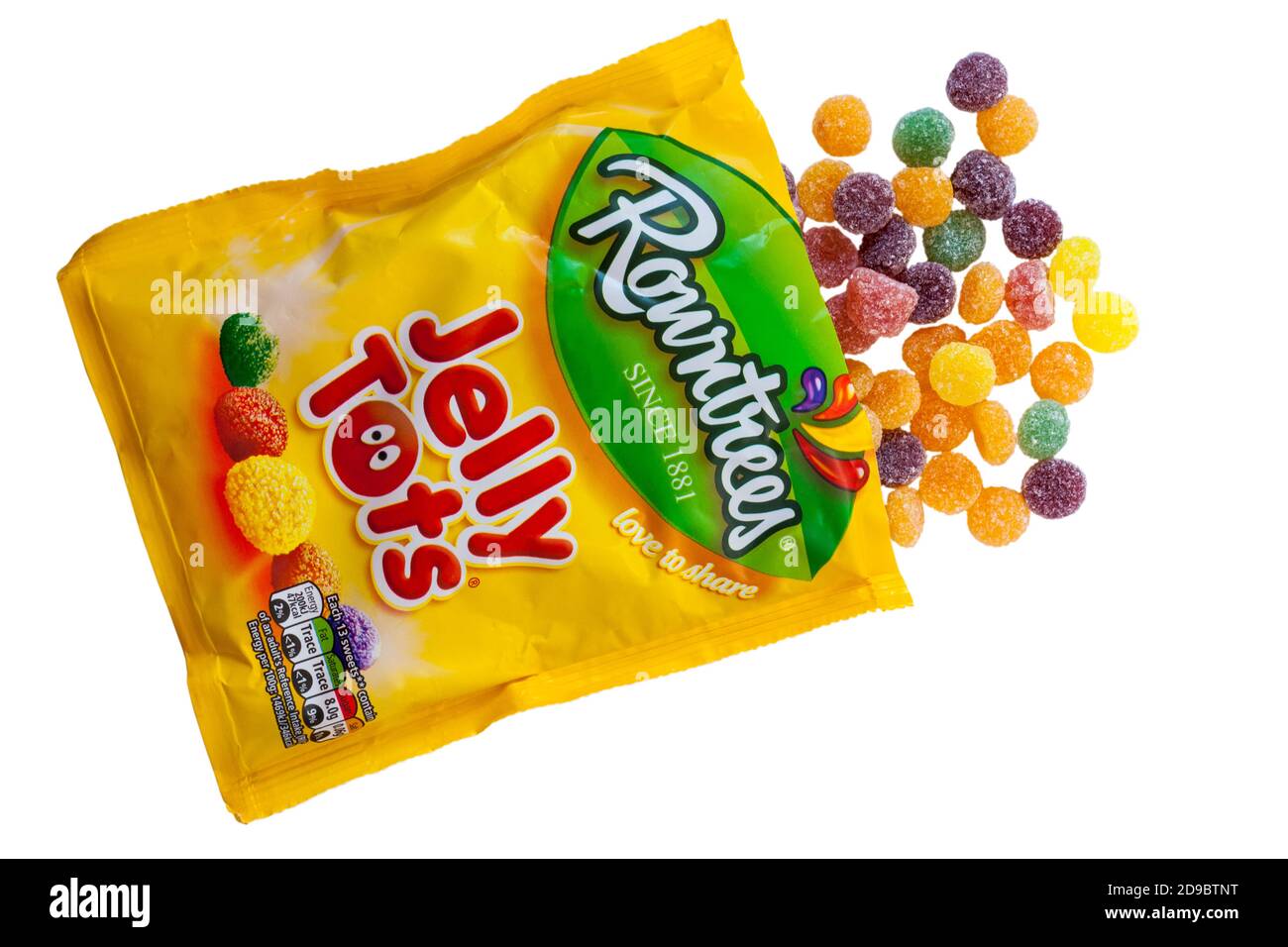 Pacchetto di dolci Rowntrees Jelly Tots aperto con contenuto versato fuoriuscite isolate su sfondo bianco - guardando verso il basso da sopra Foto Stock