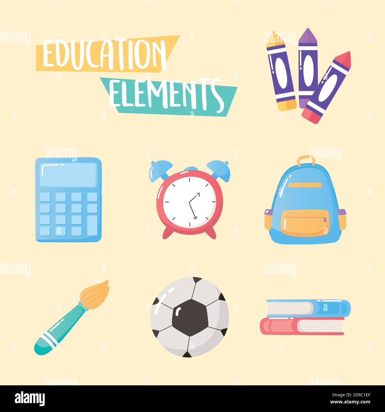 elementi educativi icone zaino orologio libro pastelli pennello scuola elementare illustrazione vettoriale cartoon Illustrazione Vettoriale