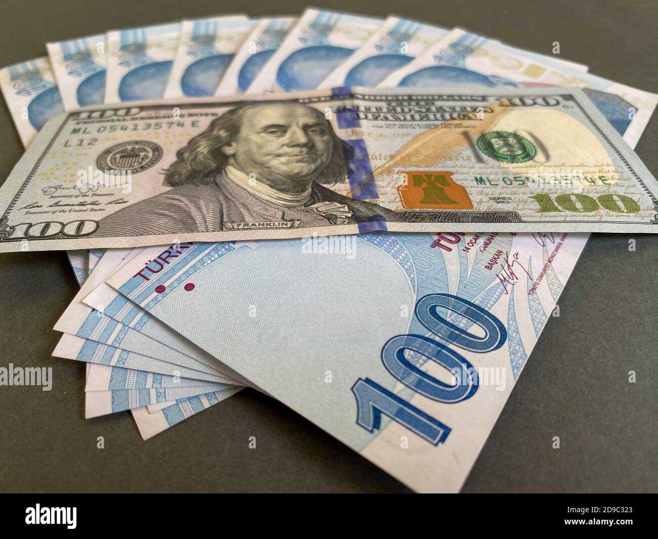 Liras turchi e cento dollari americani. La lira turca si devaluta contro il dollaro americano Foto Stock