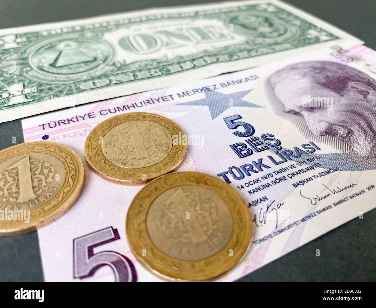Un dollaro americano e cinque banconote turche di lira e tre monete turche. La lira turca si devaluta contro il dollaro americano Foto Stock