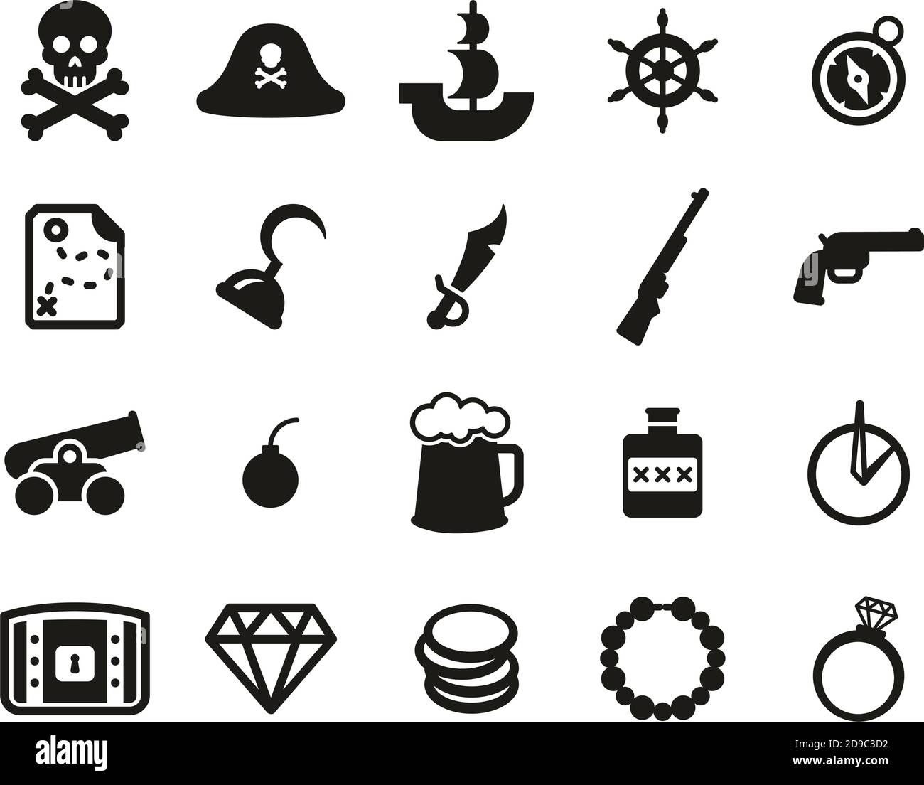 Icone dei pirati Bianco e nero Set Grande Illustrazione Vettoriale