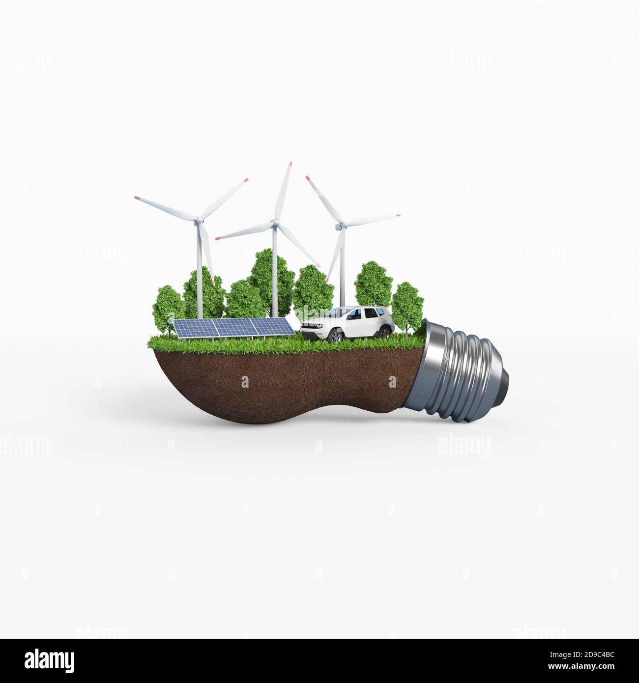 Pannelli solari, mulini a vento e auto elettrica. Lampada allegoria. Versione bianca. Foto Stock