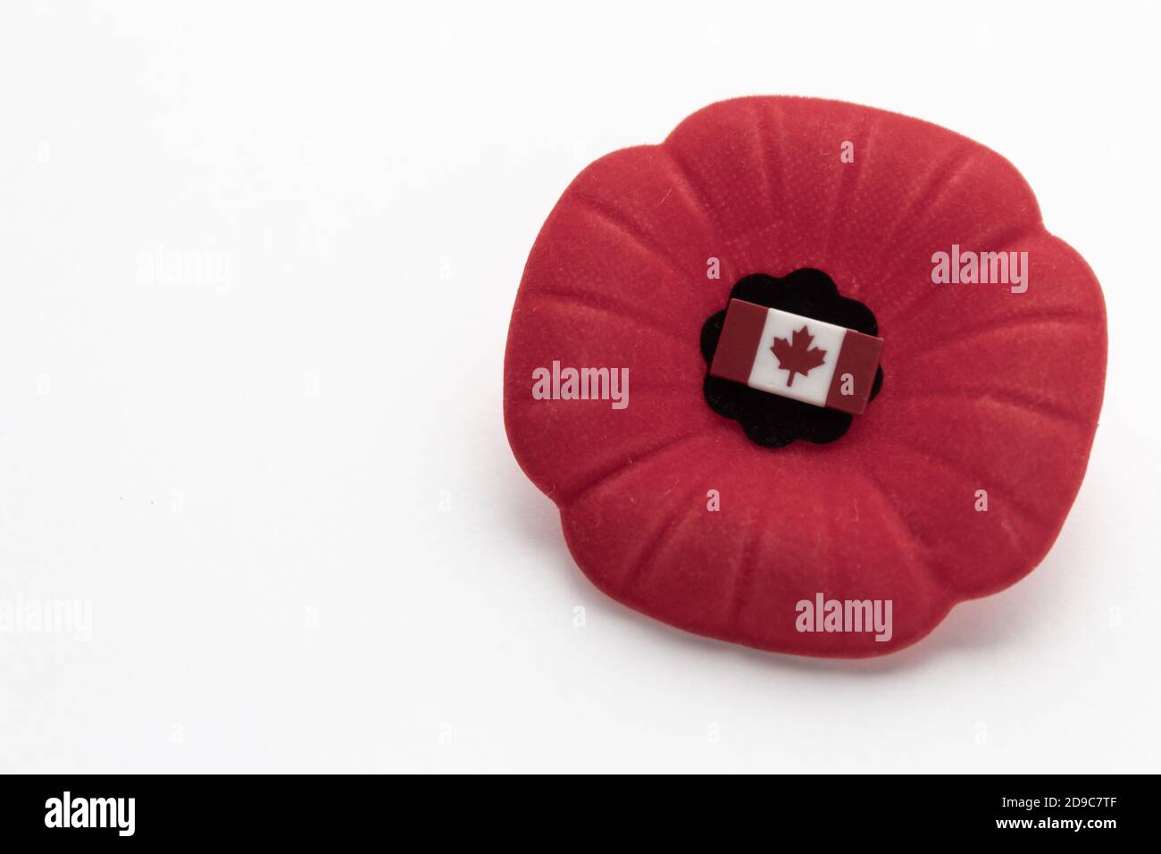 Papavero rosso canadese per il giorno della memoria con spilla bandiera canadese su sfondo bianco Foto Stock