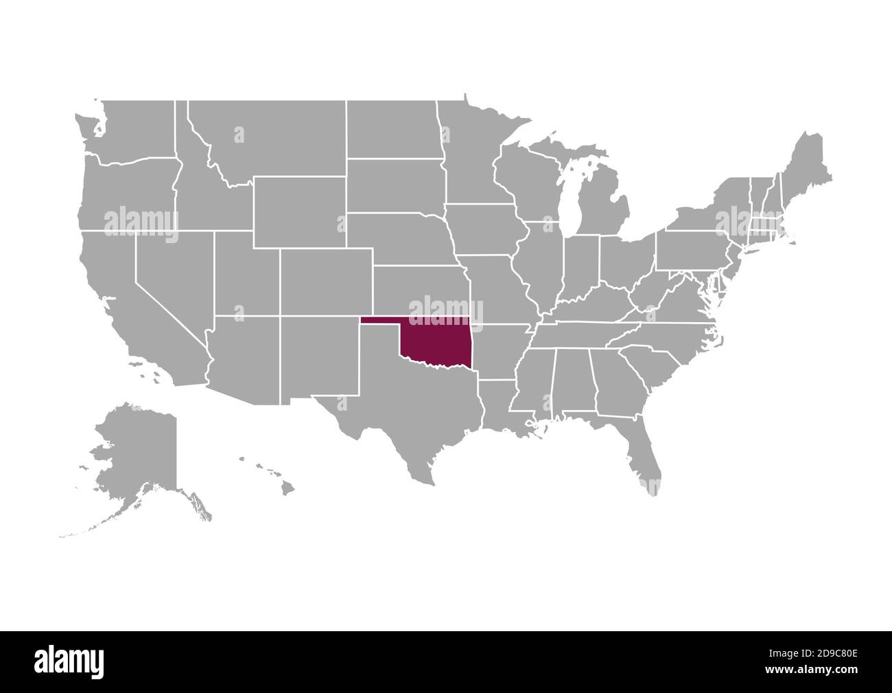Mappa dell'Oklahoma rispetto agli altri Stati Uniti d'America Foto Stock