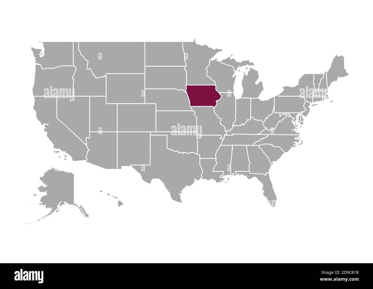 Mappa dell'Iowa rispetto agli altri Stati Uniti d'America Foto Stock