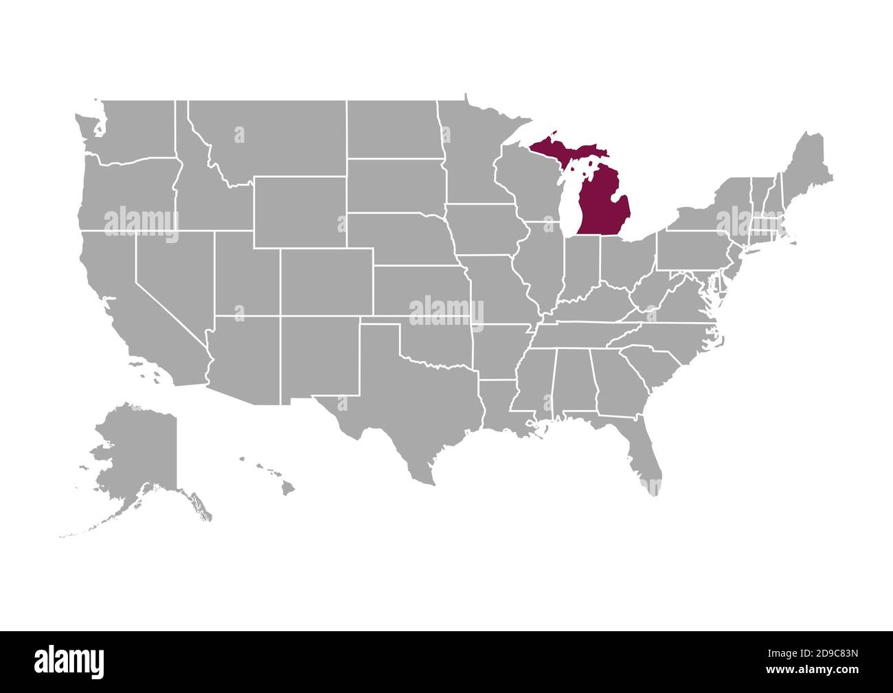 Mappa del Michigan rispetto agli altri Stati Uniti d'America Foto Stock