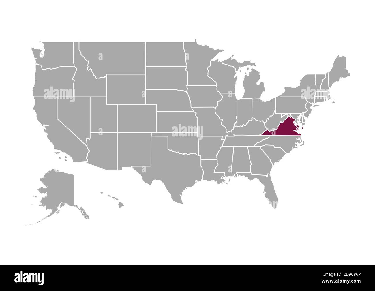 Mappa della Virginia paragonata agli altri Stati Uniti d'America Foto Stock