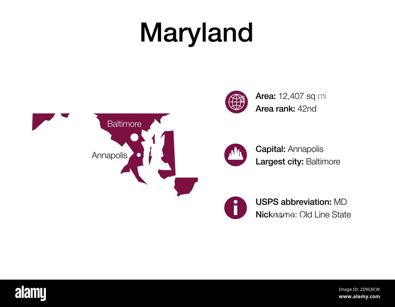 Mappa dello stato con informazioni demografiche politiche e città più grandi Foto Stock