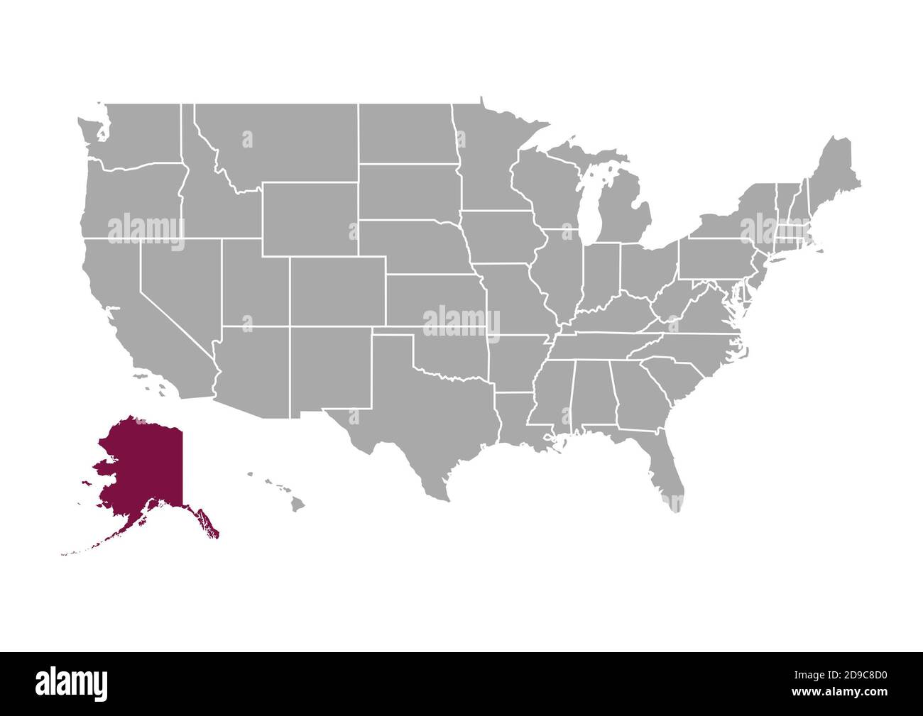 Mappa dell'Alaska confrontata con gli altri Stati Uniti d'America Foto Stock