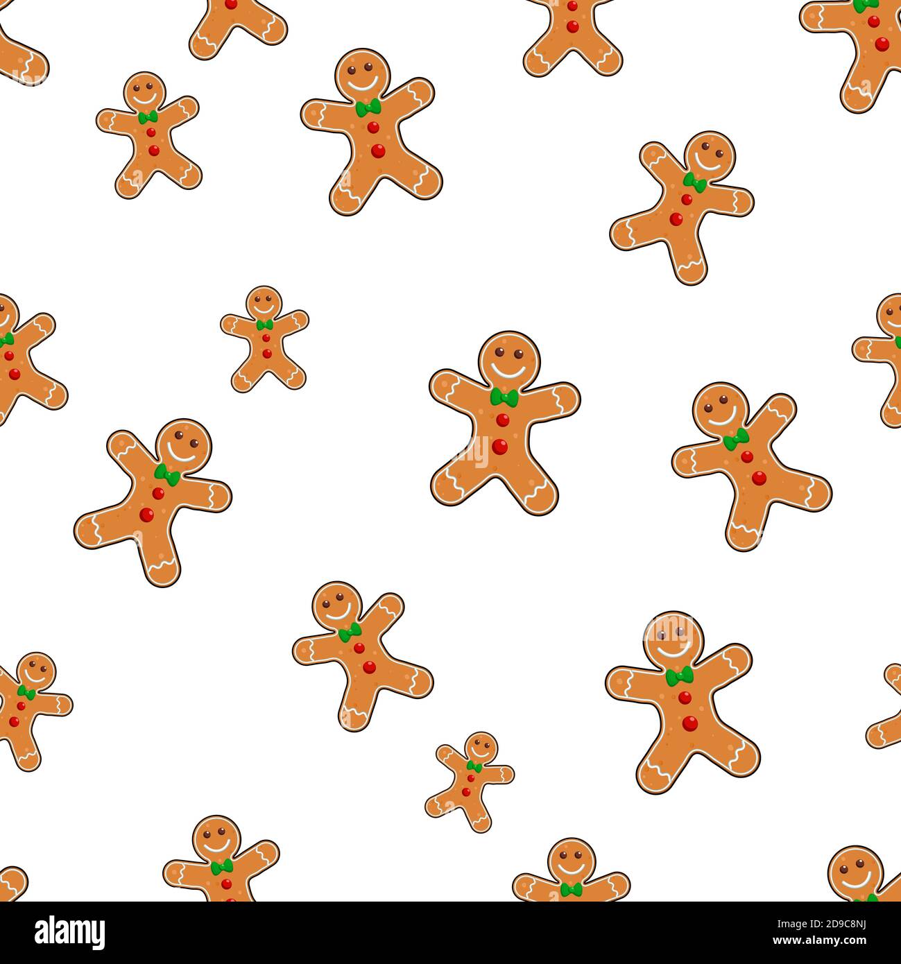 Pan di zenzero uomo modello senza cuciture. Biscotti di Natale sfondo ripetuto. Cartellonistica ornamentale. Illustrazione del cartone animato che sorride il carattere indietro Illustrazione Vettoriale