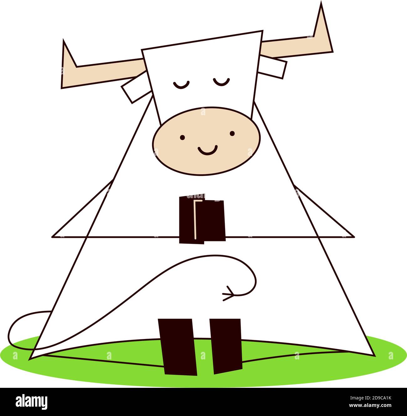 Bue bianco. Felice anno nuovo 2021. Divertente toro carino kawaii, mucca facendo allenamento a casa. Yoga, meditazione. Illustrazione vettoriale in stile cartone animato isolato su Illustrazione Vettoriale