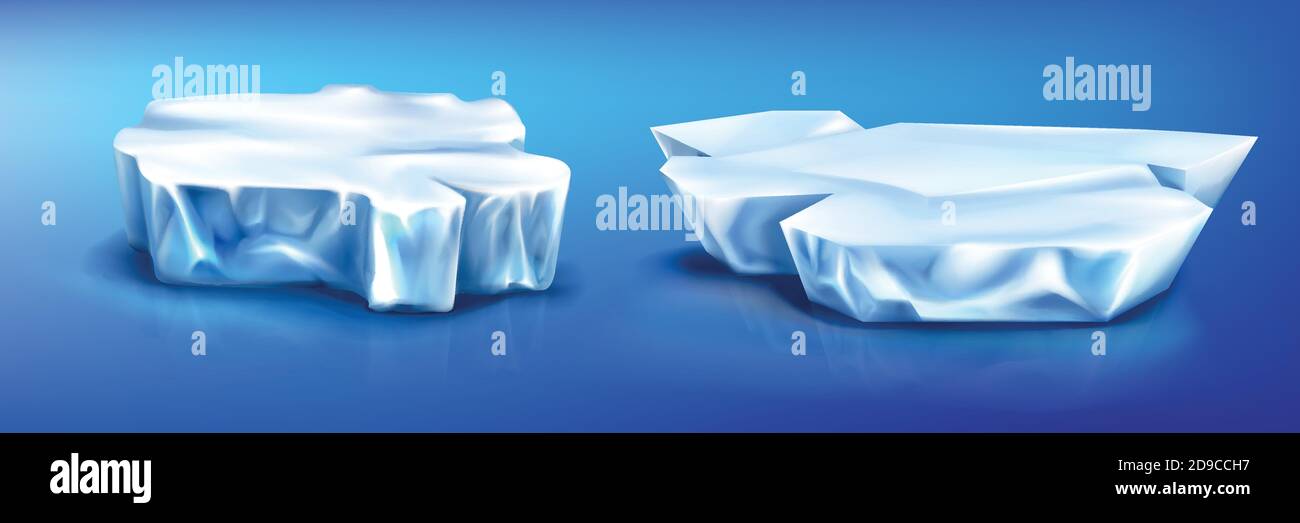 Ghiaccio galleggianti pezzi di iceberg, ghiacciaio su superficie blu acqua congelata con riflessione. Blocchi di cristallo di neve artico o a polo nord, elementi di design isolati, oggetti naturali, illustrazioni vettoriali 3d realistiche Illustrazione Vettoriale