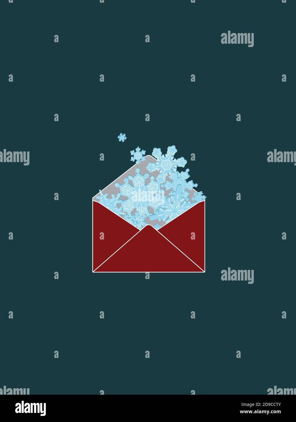 Auguri di fiocco di neve. Busta regalo rossa piena d'inverno. Design di Natale isolato sul verde. Arte vettoriale Illustrazione Vettoriale