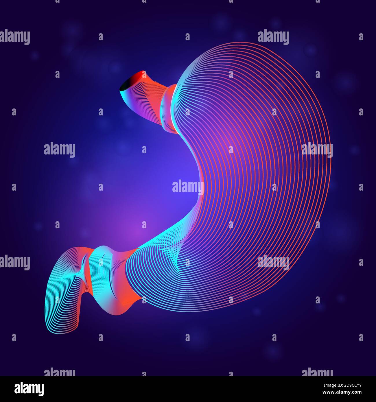 Anatomia della struttura medica dello stomaco umano. Illustrazione vettoriale di contorno dell'organo interno della parte del corpo in stile disegno di linea 3d su sfondo astratto al neon Illustrazione Vettoriale