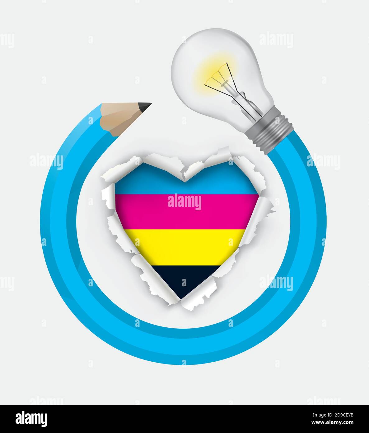 Grafica, passione e creatività. Illustrazione del cuore di carta strappata con i colori cmyk e la matita creativa con la lampadina. Vettore disponibile. Illustrazione Vettoriale