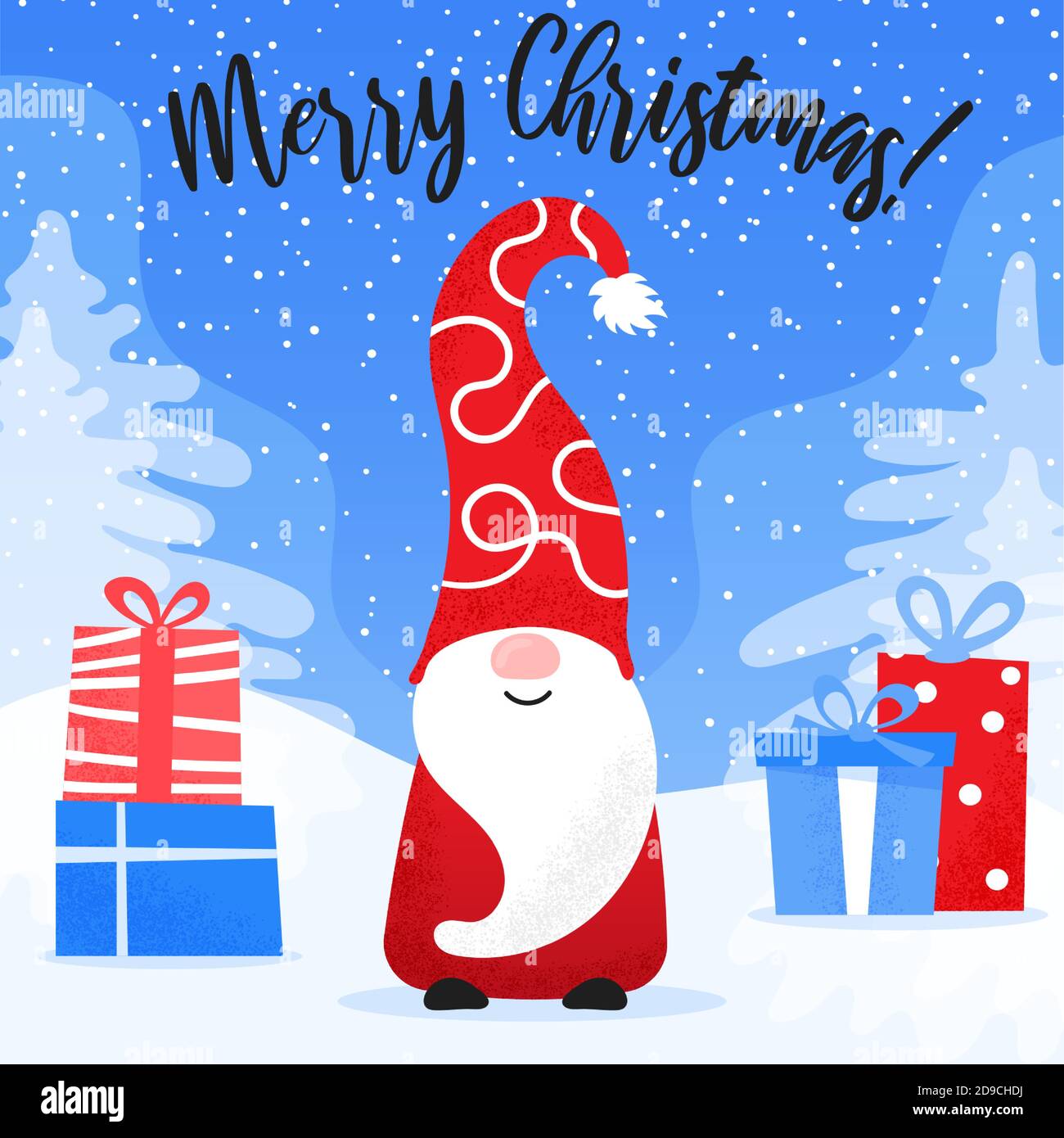 Cartolina di Natale con gnome carino in cappello divertente e scatole regalo sul paesaggio innevato. Auguri di buon Natale dall'elfo settentrionale circondato da regali Illustrazione Vettoriale