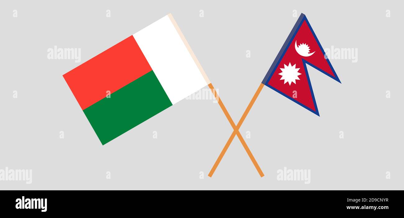 Bandiere incrociate del Madagascar e del Nepal. Colori ufficiali. Proporzione corretta. Illustrazione vettoriale Illustrazione Vettoriale