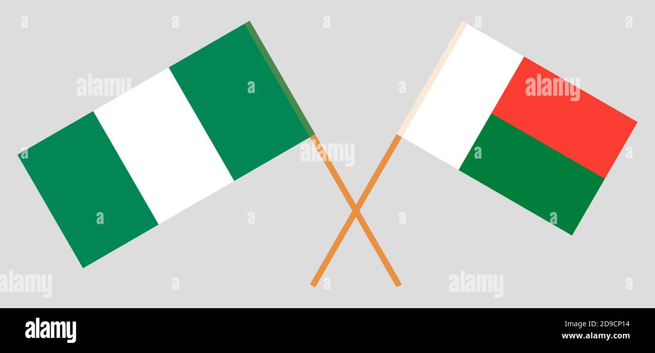 Bandiere incrociate del Madagascar e della Nigeria. Colori ufficiali. Proporzione corretta. Illustrazione vettoriale Illustrazione Vettoriale