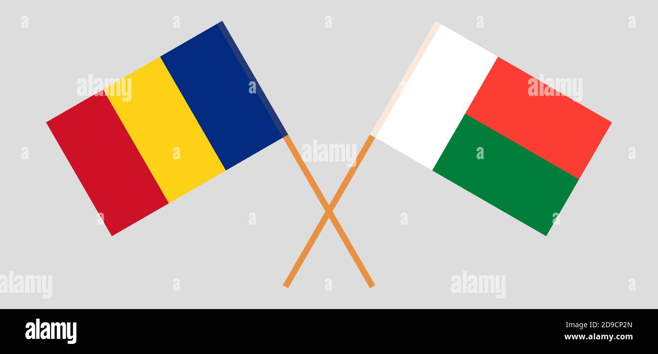 Bandiere incrociate del Madagascar e della Romania. Colori ufficiali. Proporzione corretta. Illustrazione vettoriale Illustrazione Vettoriale