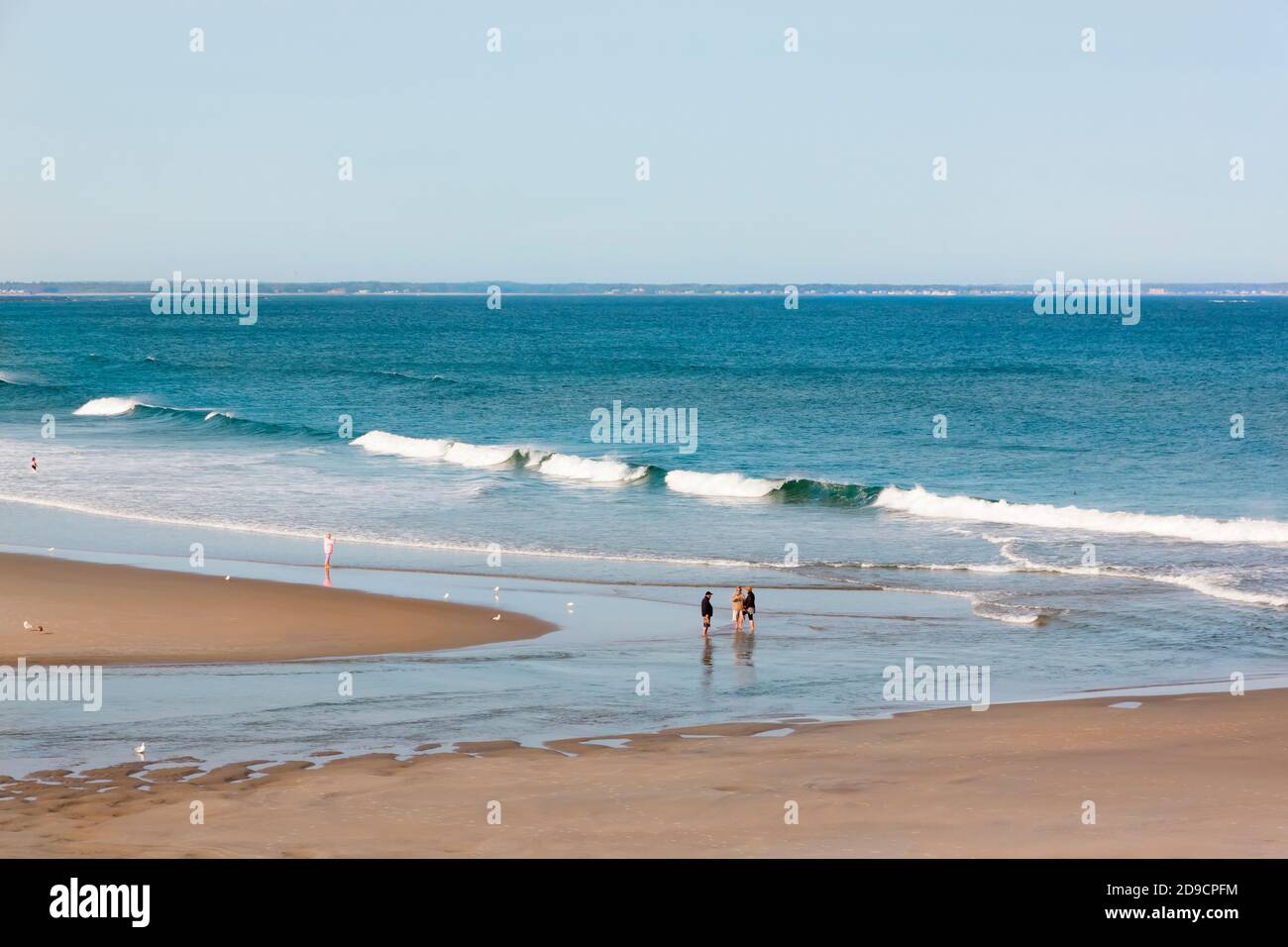 Persone che chiacchierano a Ogunquit Beach, Maine con la bassa marea. Stati Uniti. Foto Stock